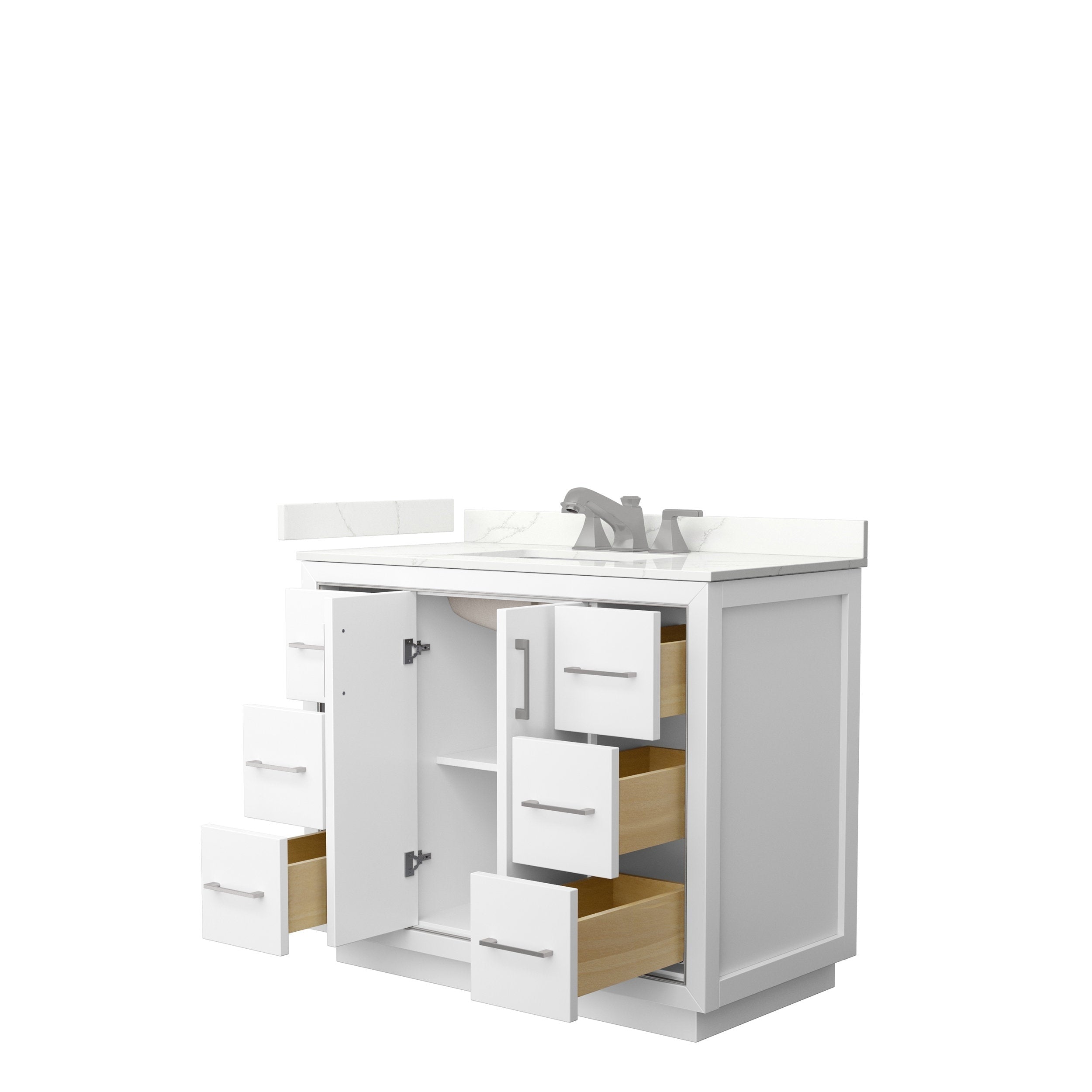42-inch modern solid wood bathroom vanity in white with a stone countertop and backsplash, single undermount ceramic sink and brushed-nickel faucet; six drawers and central cabinet shown open revealing natural wood interiors.