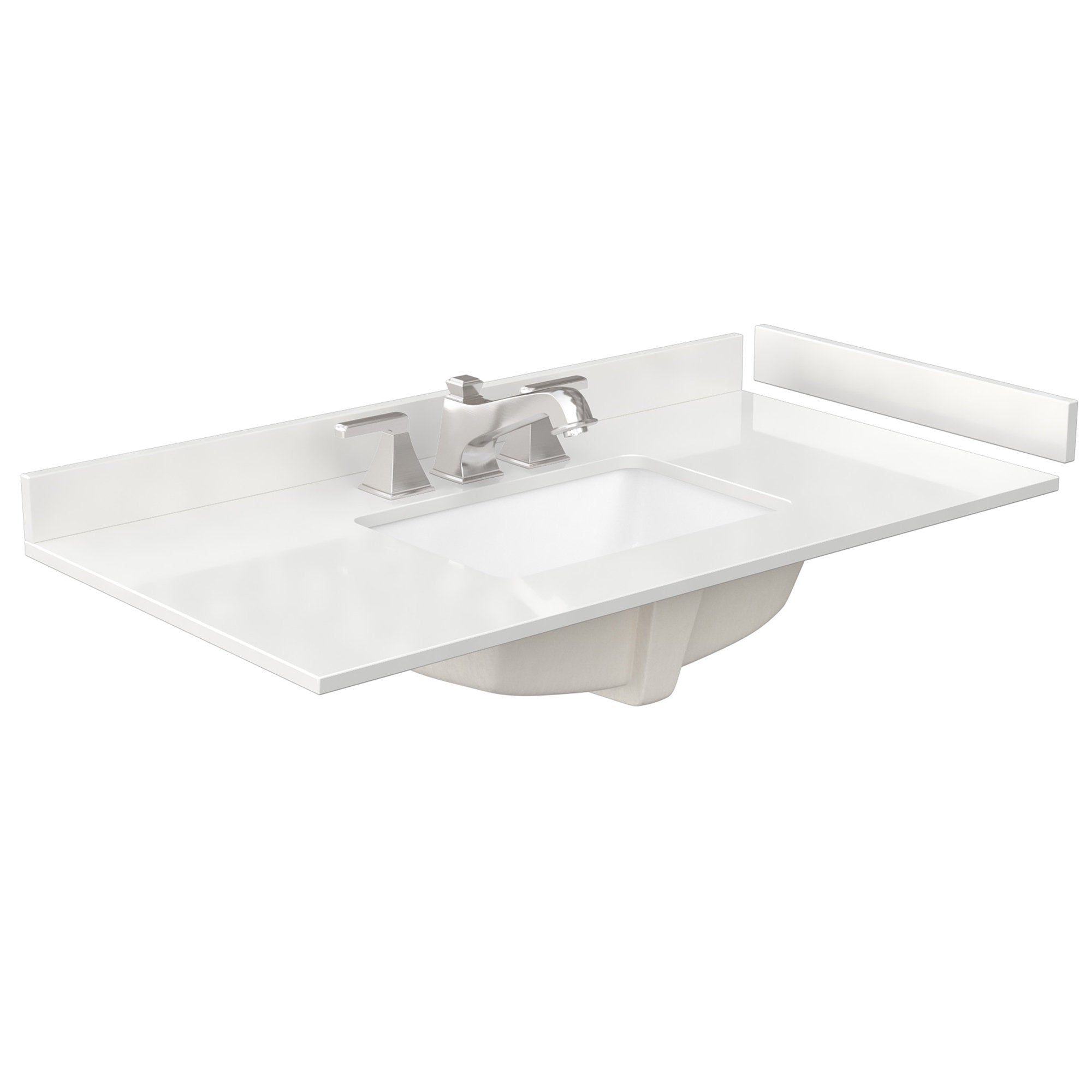 White stone vanity top with integrated rectangular basin, modern brushed-nickel widespread faucet and low matching backsplash, shown from a front-side angle with the underside of the sink bowl visible.