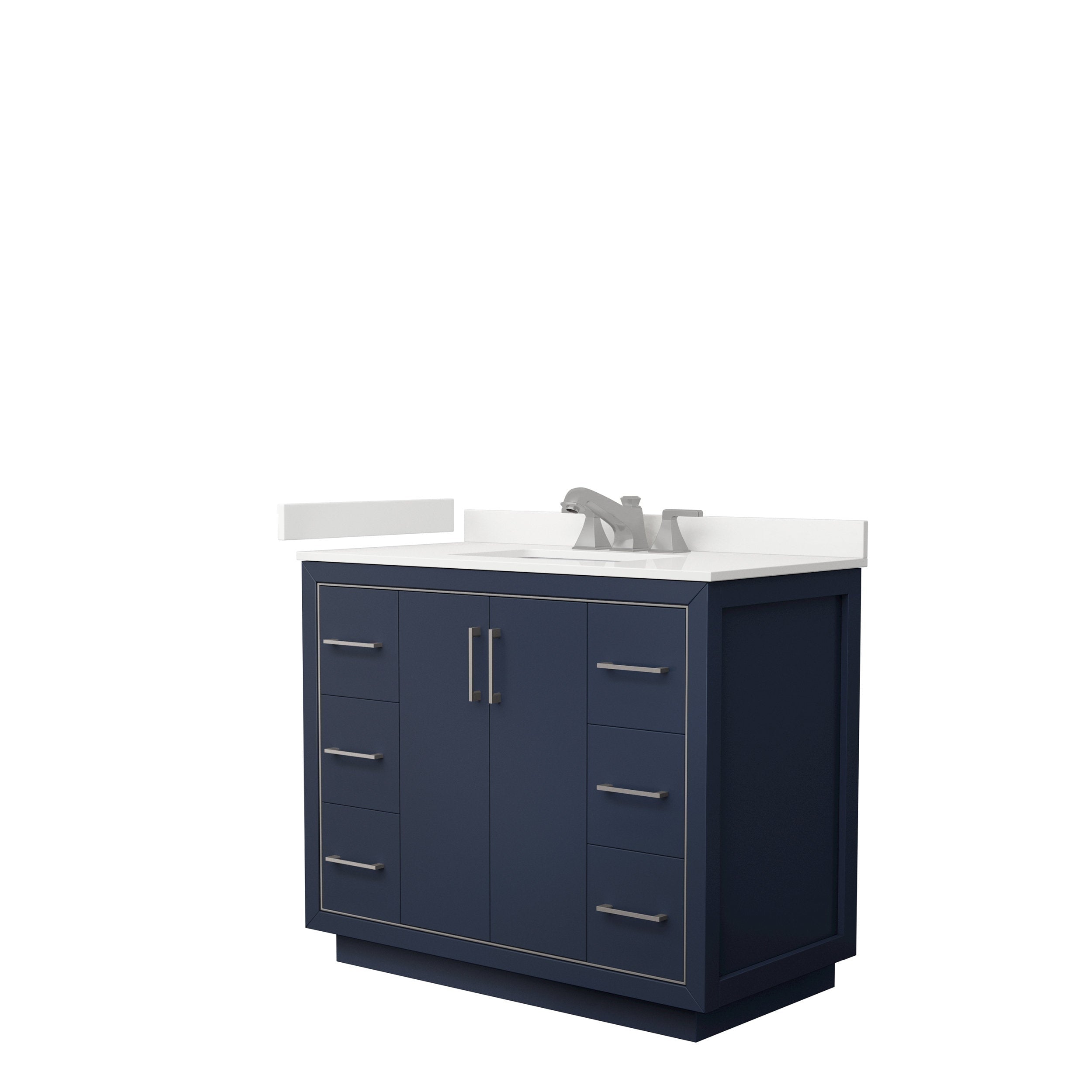 Modern navy blue solid wood 42-inch bathroom vanity with white stone top, integrated rectangular sink, brushed nickel handles and multiple drawers flanking a center cabinet — freestanding single-sink vanity.