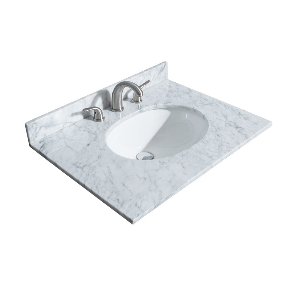 Modern stone marble vanity top in light gray with integrated backsplash, an oval white ceramic sink, and a brushed nickel three-piece faucet with separate lever handles.