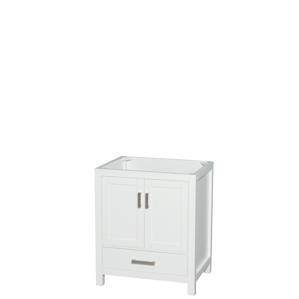 Modern 30-inch freestanding solid wood bathroom vanity in stone color with a stone top, two shaker-style cabinet doors, lower storage drawer and brushed metal handles, shown without faucet or sink accessories.