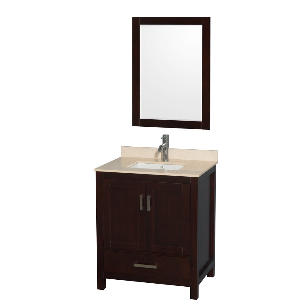 Contemporary 30-inch freestanding single-sink bathroom vanity in dark solid wood with a beige stone countertop, integrated white ceramic sink, chrome faucet, soft-close cabinet doors and matching framed mirror above.