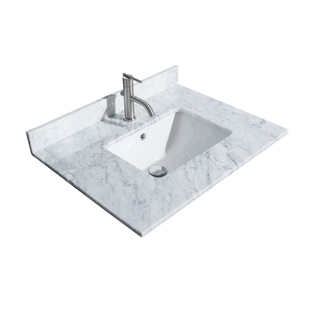 White marble stone top with gray veining, integrated short backsplash and rectangular white ceramic undermount sink, paired with a single-hole brushed nickel faucet and chrome pop-up drain for a modern contemporary vanity.