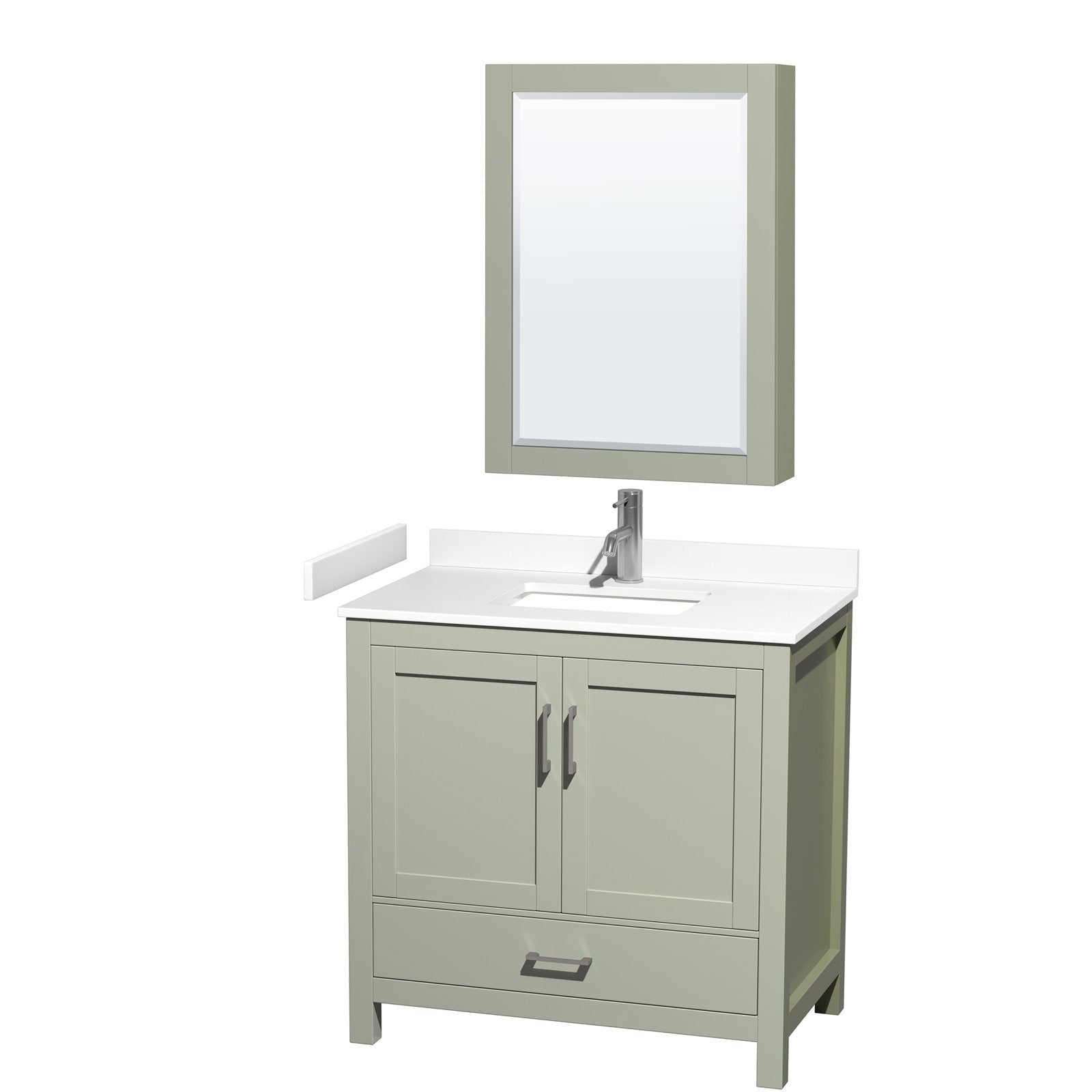 Freestanding 36-inch modern bathroom vanity in stone-colored solid wood with a white stone countertop and integrated rectangular ceramic sink, shaker-style double doors, lower storage drawer, metal handles and matching mirror cabinet.