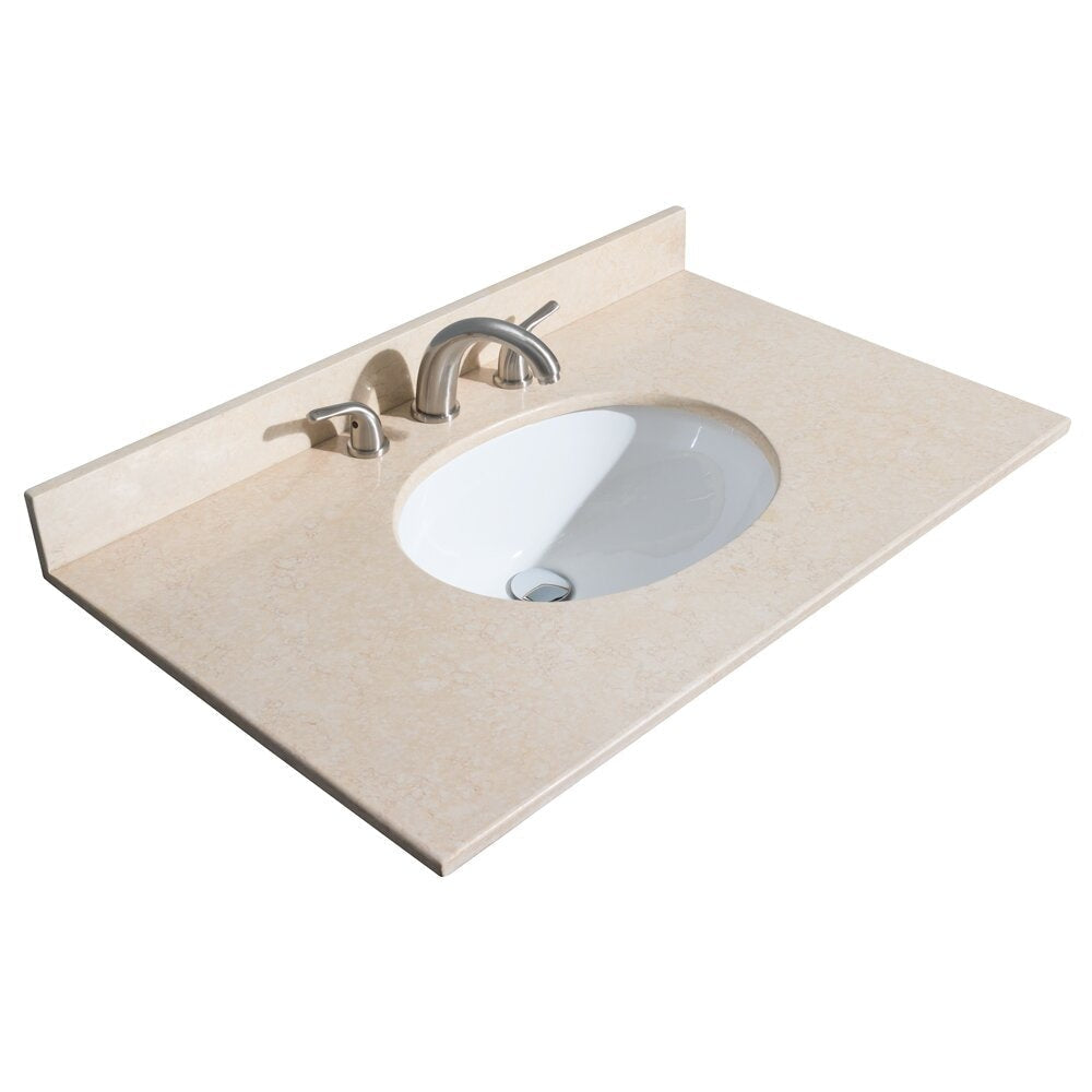 Stone-colored vanity top with built-in backsplash, oval white ceramic undermount sink and brushed-nickel three-piece faucet with two lever handles, shown from a top-angled view.