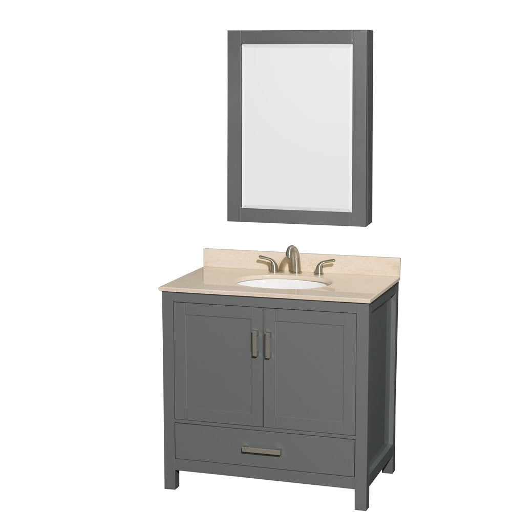 36-inch modern solid wood freestanding bathroom vanity in stone gray with a beige stone countertop, undermount white ceramic sink, brushed nickel faucet, two-door cabinet with lower drawer and matching framed mirror.
