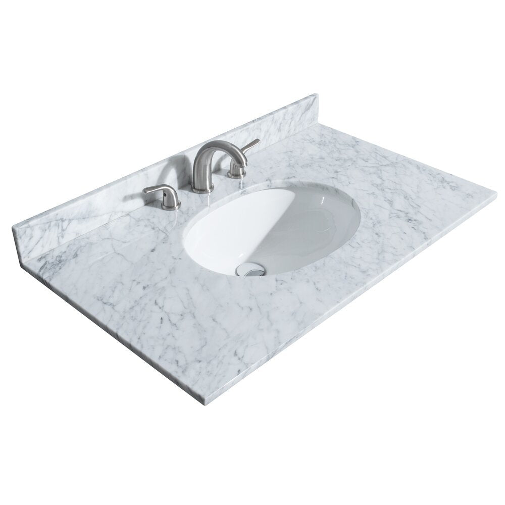 Modern stone marble vanity top with low backsplash, integrated white oval ceramic sink and three-piece brushed nickel faucet set, shown isolated on a white background.