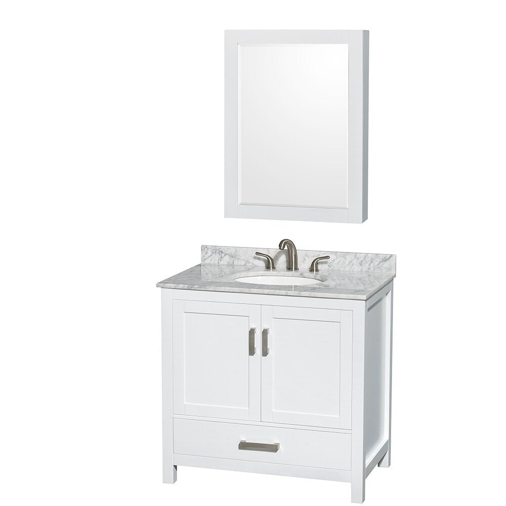 Modern freestanding white solid wood bathroom vanity with marble-look stone top and undermount ceramic sink, brushed nickel faucet, two shaker-style cabinet doors and a bottom storage drawer, paired with a matching framed mirror.