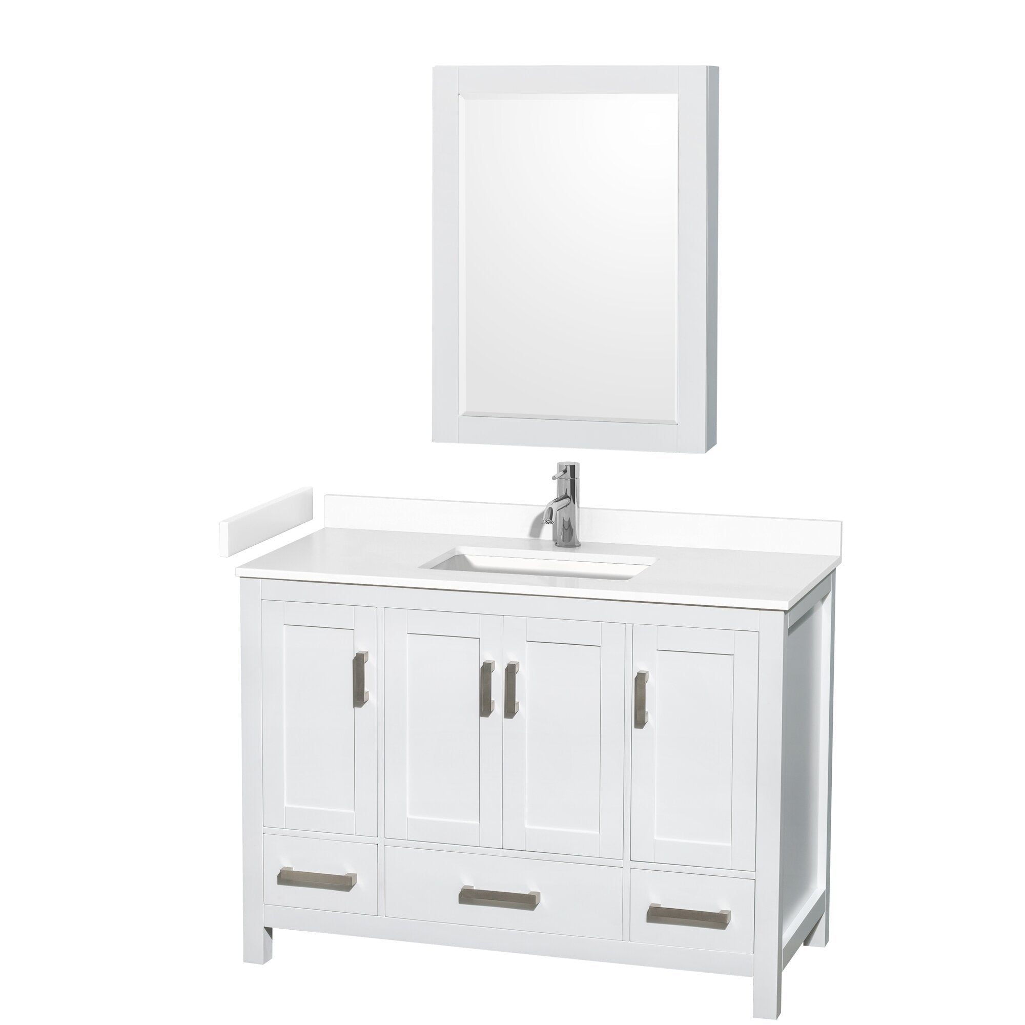 48-inch freestanding modern solid wood bathroom vanity in white with a stone countertop, integrated rectangular sink, chrome single-lever faucet, shaker-style cabinet doors, three lower drawers and a matching framed wall mirror.