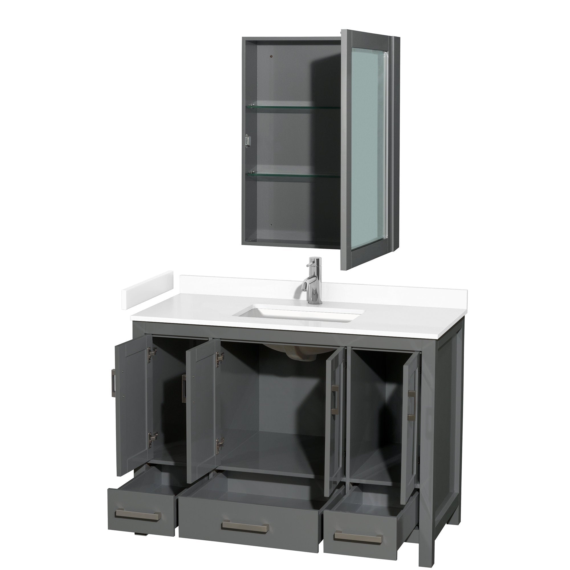 Modern 48-inch gray solid wood bathroom vanity with a white stone countertop and integrated rectangular sink, single-handle chrome faucet, open cabinet doors and drawers showing storage, plus a matching wall cabinet with glass shelves.