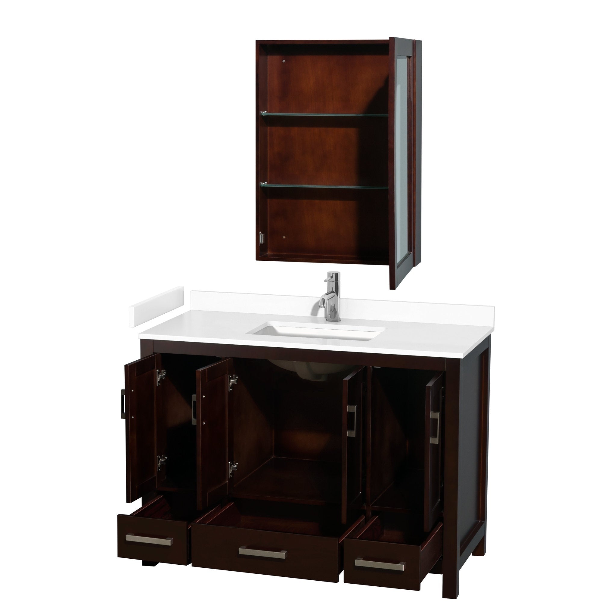 48-inch dark solid-wood bathroom vanity with a white stone countertop and integrated rectangular sink, chrome single-handle faucet and matching wall-mounted mirror cabinet with glass shelves; doors and drawers shown open.