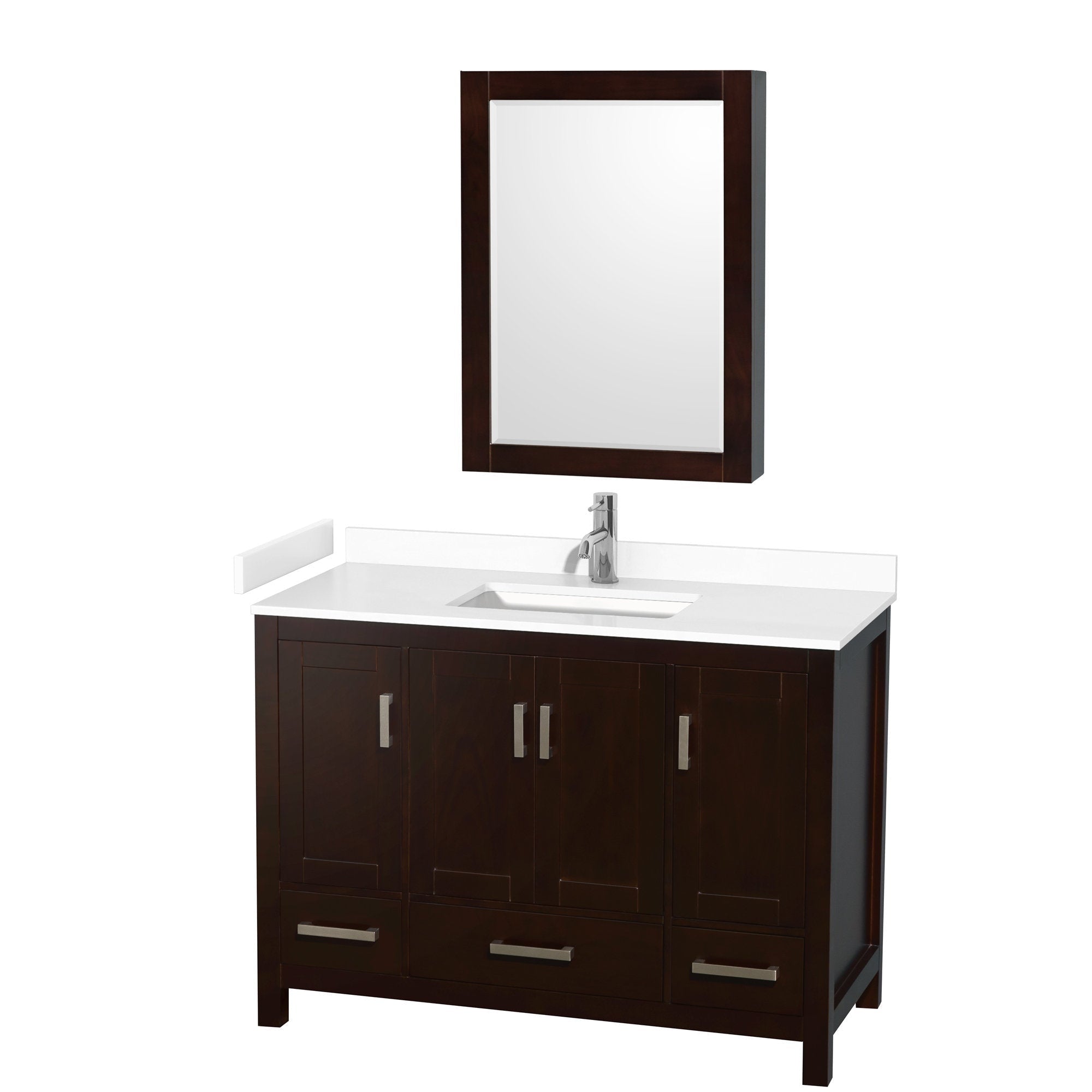 Modern 48-inch freestanding bathroom vanity in dark solid wood with a white stone countertop, rectangular integrated sink, chrome single-handle faucet, and matching dark wood framed mirror.