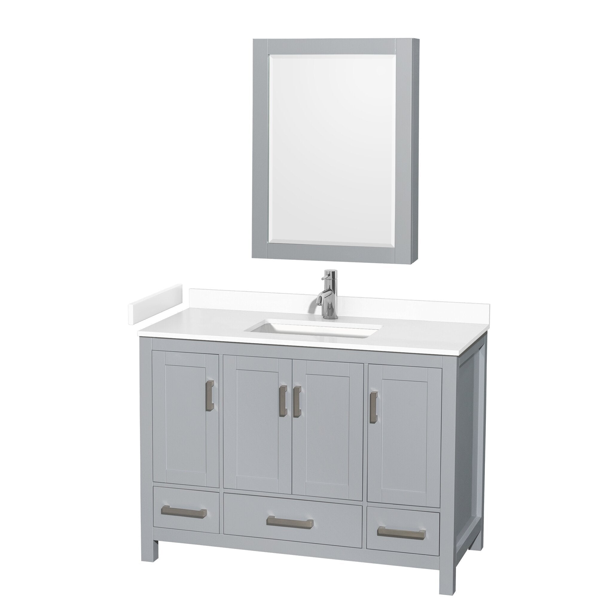 48-inch modern single-sink freestanding bathroom vanity in gray solid wood with a white stone countertop, integrated rectangular sink, brushed metal hardware and a matching framed mirror above.