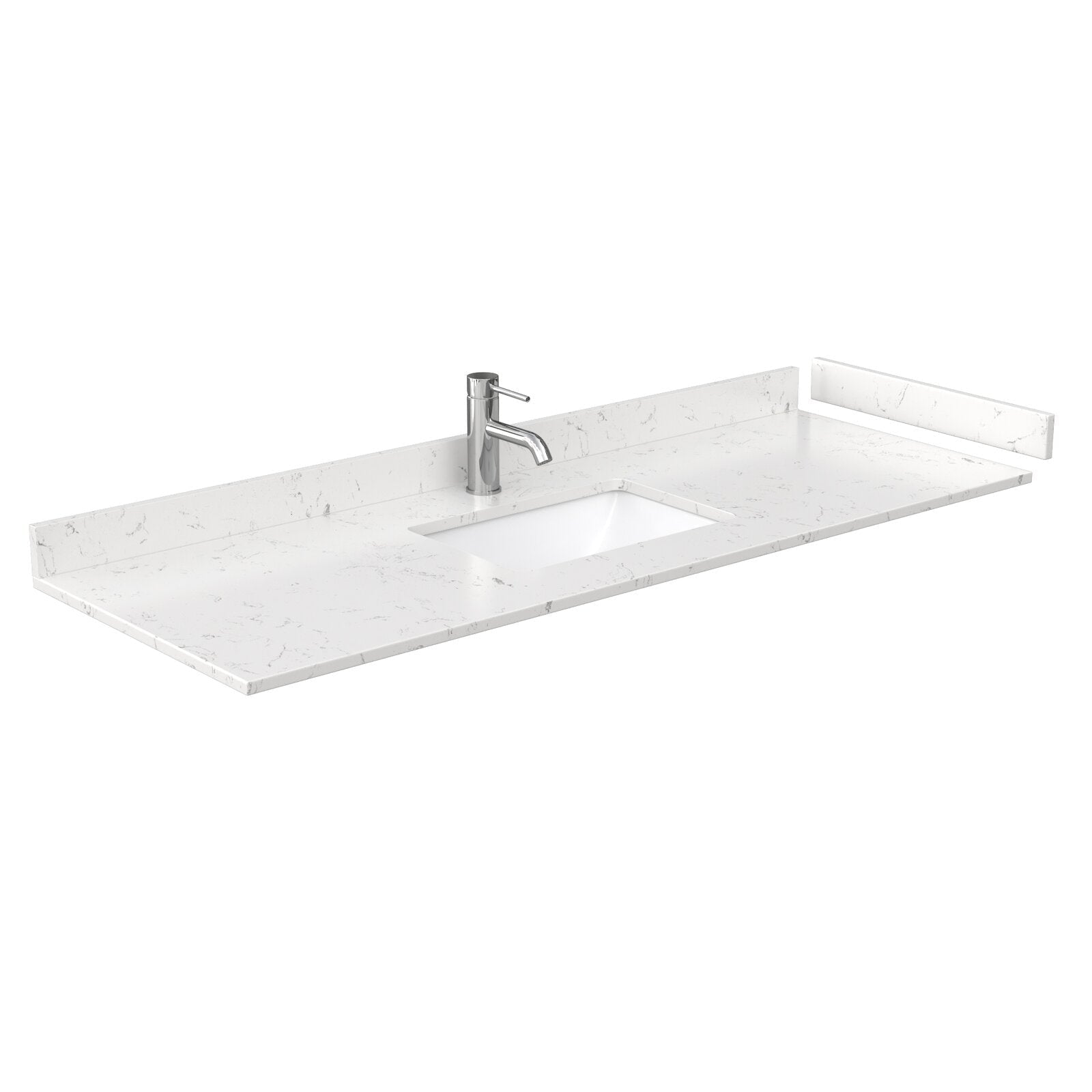 White stone-look marble vanity top with integrated rectangular undermount sink, single chrome faucet and matching backsplash, modern 60-inch bathroom countertop with subtle gray veining.