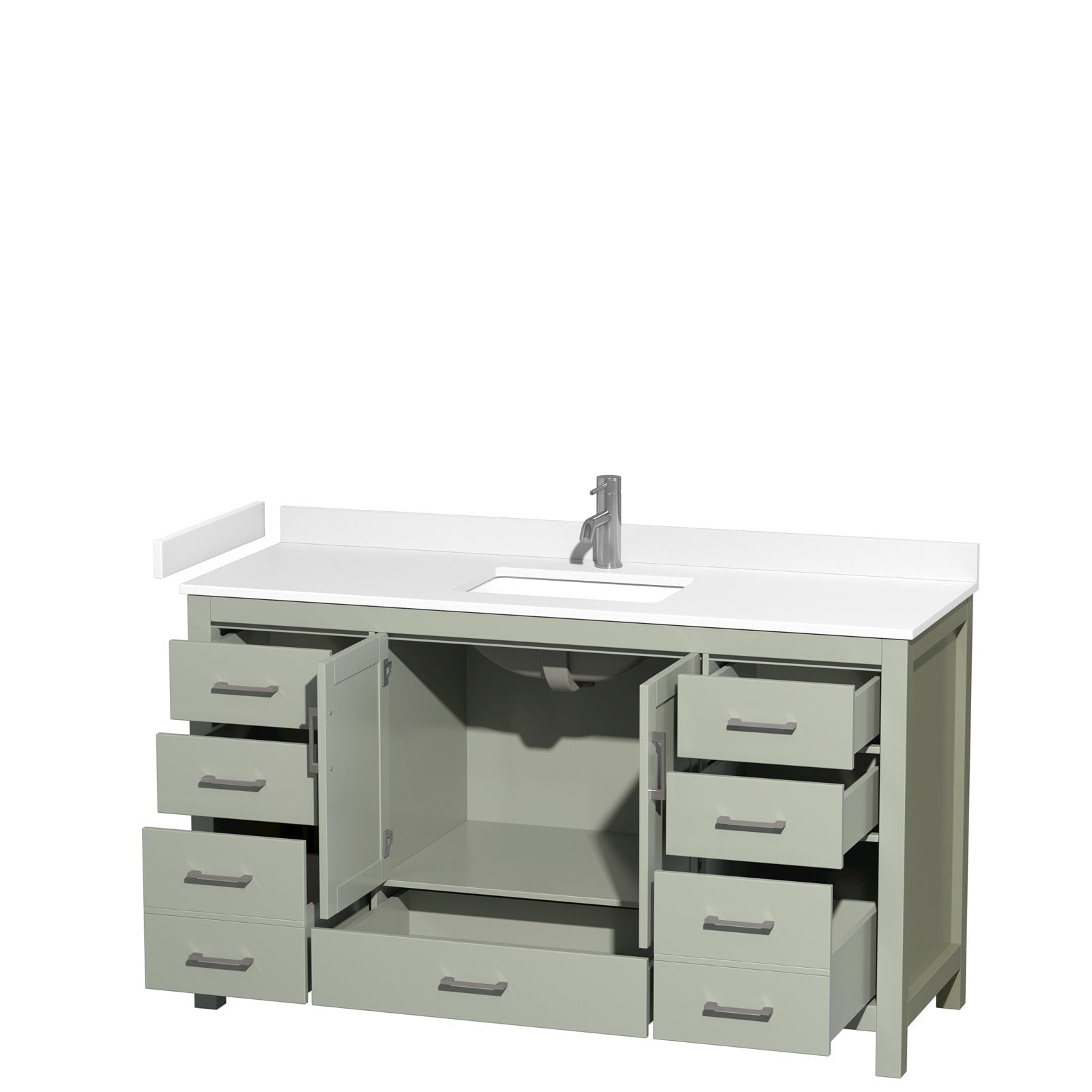 60-inch freestanding modern bathroom vanity in stone-colored solid wood with a white stone countertop, integrated rectangular ceramic sink and chrome faucet, open drawers and center cabinet revealing storage and plumbing.