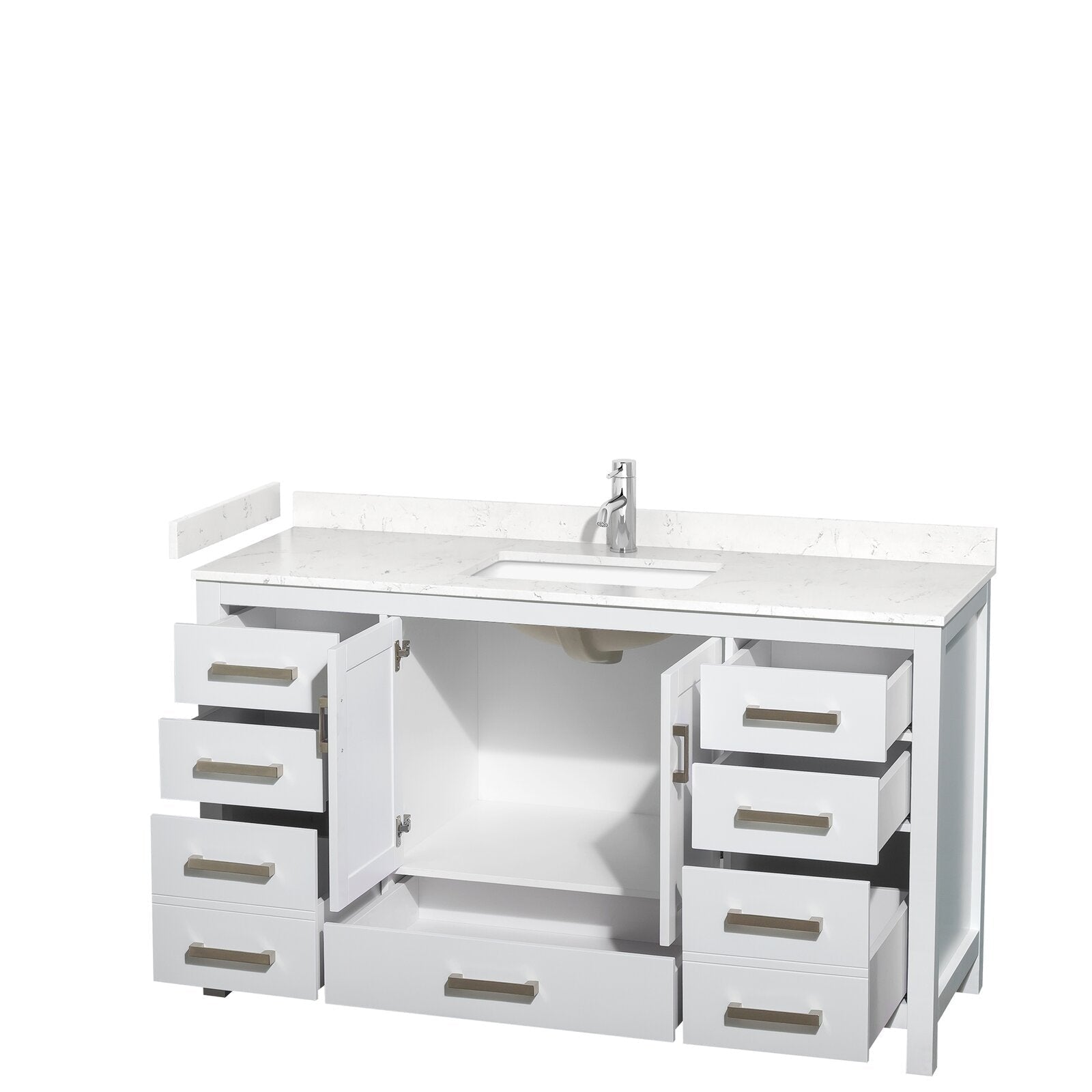 60-inch modern white solid-wood bathroom vanity with a stone countertop and integrated undermount sink, chrome single-handle faucet, multiple drawers and two cabinet doors shown open revealing central storage.