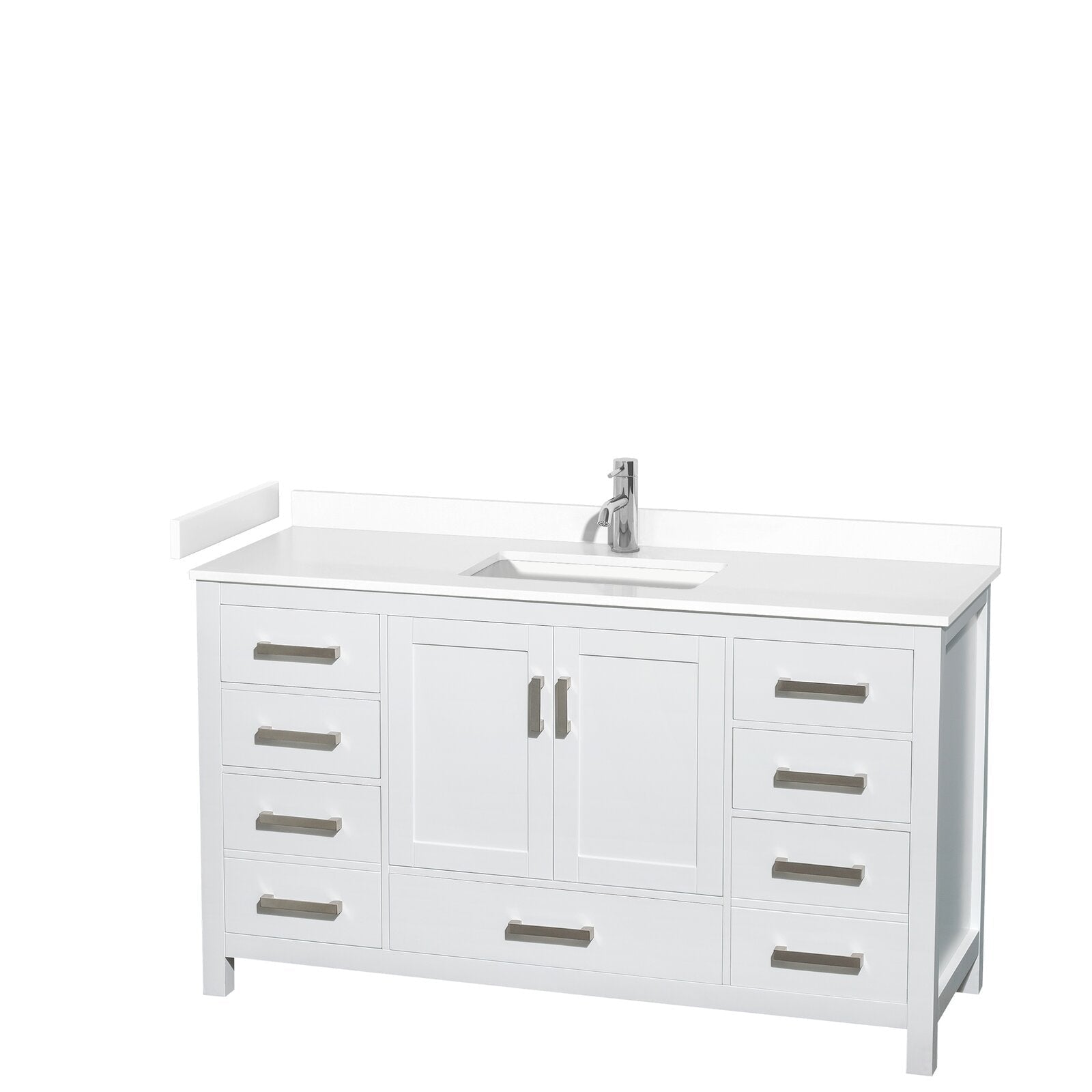 60-inch modern solid wood bathroom vanity in stone finish with a white stone countertop, integrated rectangular ceramic sink and chrome faucet; freestanding shaker cabinet with multiple drawers and brushed-nickel pulls.