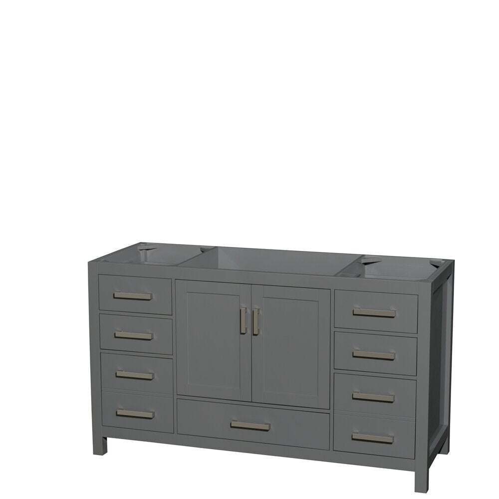 Stone-colored solid wood 60-inch freestanding bathroom vanity with stone top and sink cutouts, central double-door cabinet, single wide lower drawer, three stacked drawers on each side, and brushed metal bar handles.
