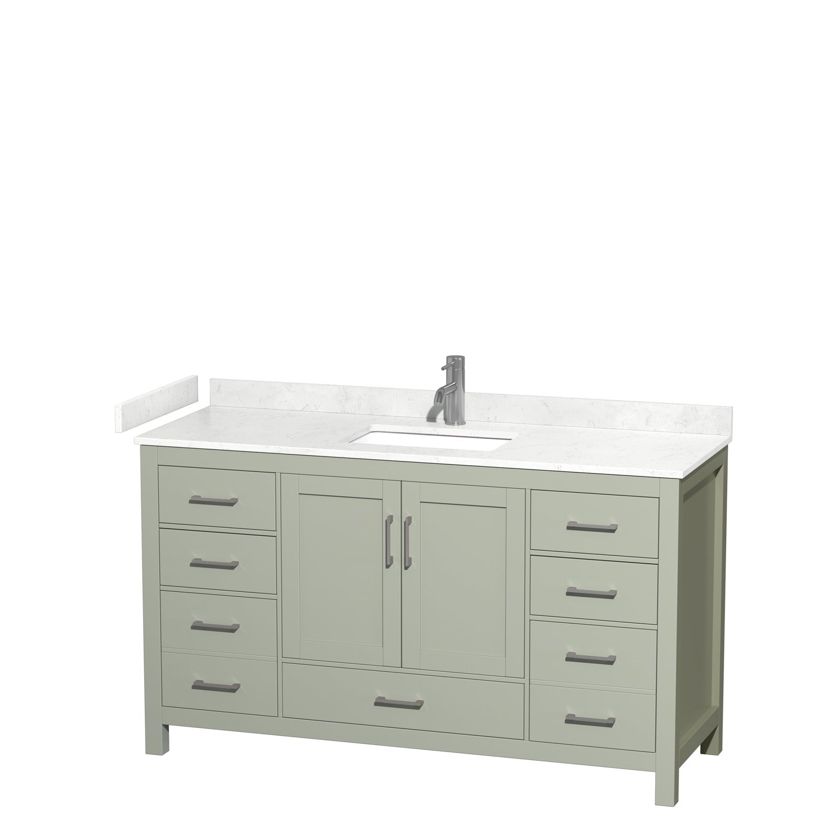 60-inch freestanding single-sink bathroom vanity with white stone countertop and integrated rectangular basin, solid wood painted cabinet with shaker-style doors, multiple drawers and brushed metal handles.