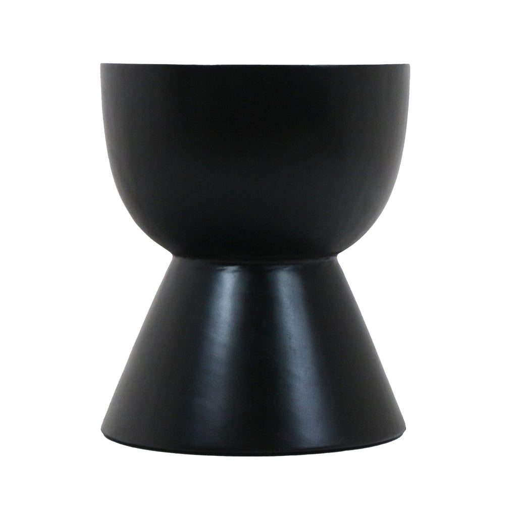 Contemporary natural wood side table with an hourglass base and rounded bowl top, photographed on a white background.