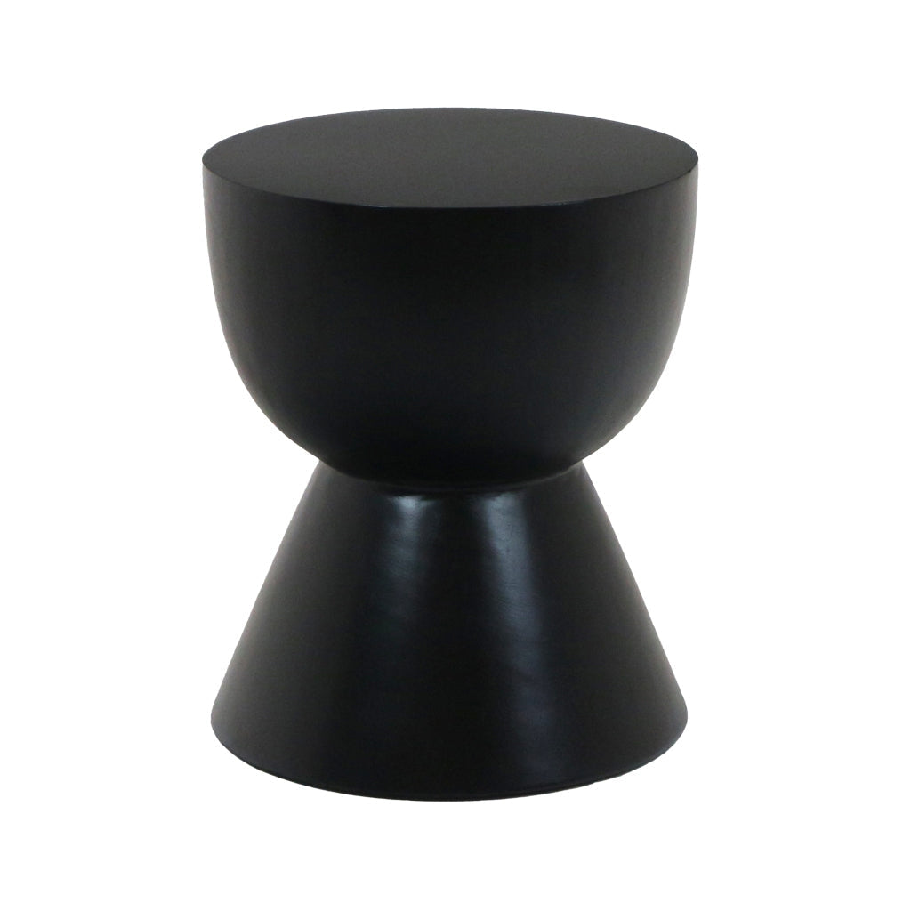 Matte black, hourglass-shaped solid wood side table with a round flat top and smooth finish, modern minimalist design for living rooms.