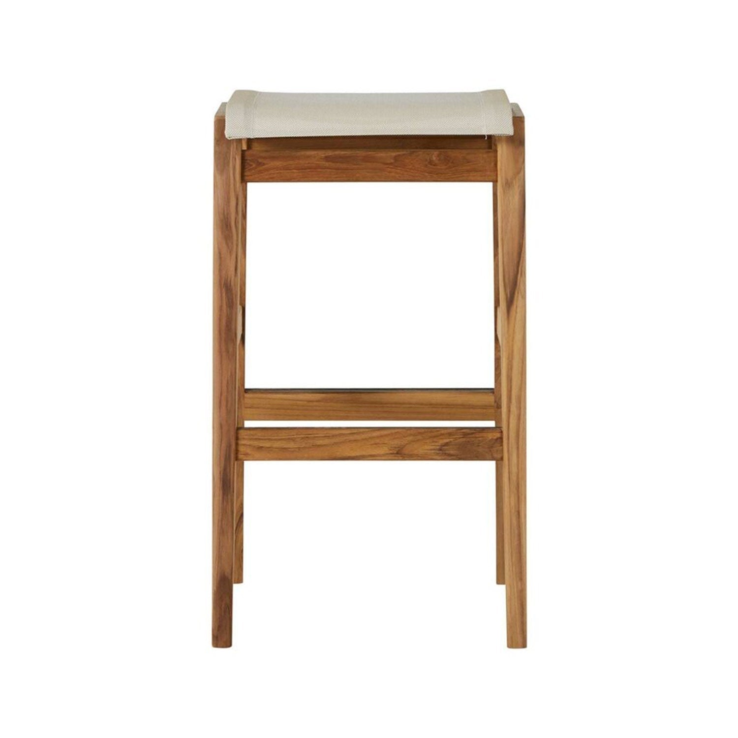 Front view of a backless outdoor bar stool with a natural teak frame and light natural canvas sling seat in a minimalist coastal style.