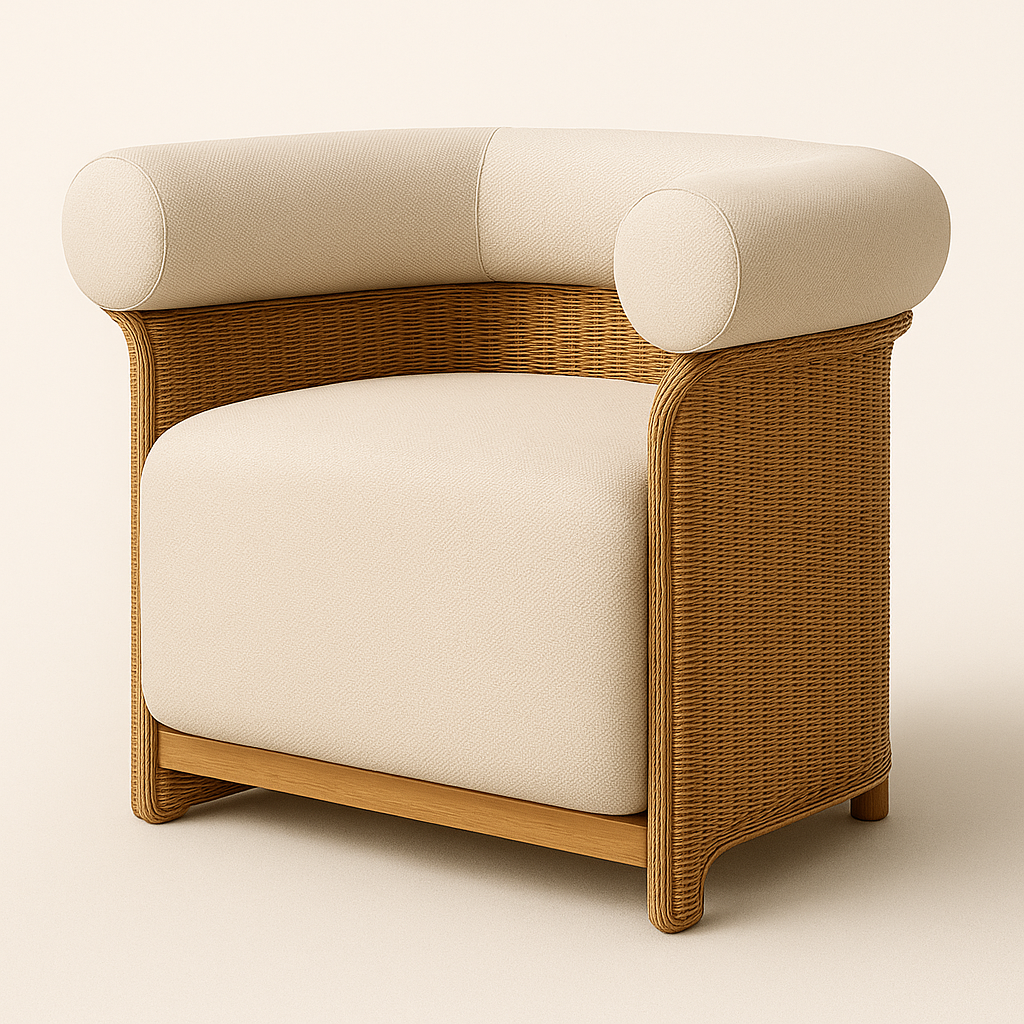 Beige cushioned all-weather outdoor accent chair with rounded bolster back and arms, woven natural wicker frame and low wooden base in a coastal contemporary style.