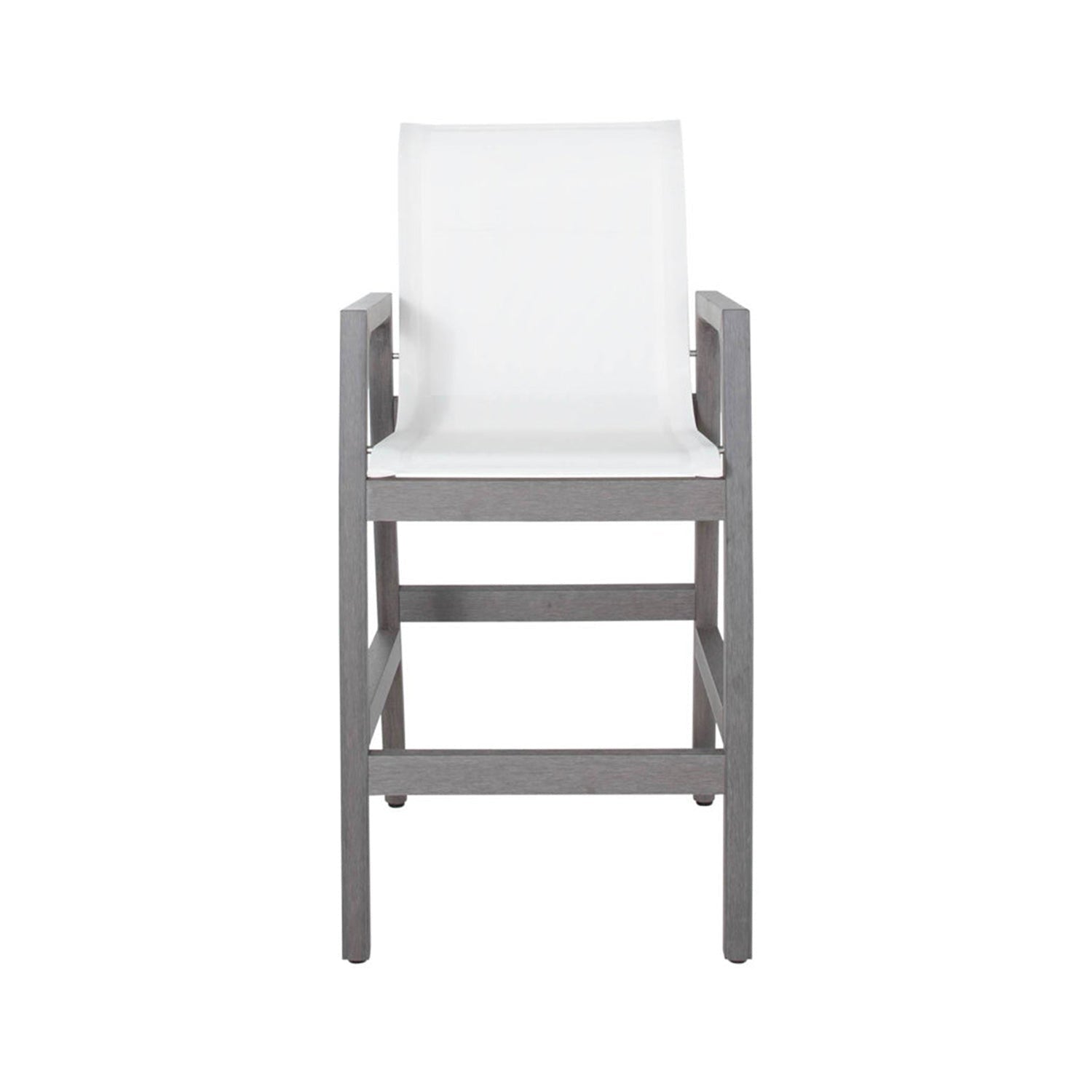 Front-facing teak outdoor bar stool with teak-finish wooden frame, white sling seat and back, squared armrests and an integrated footrest for coastal outdoor seating.