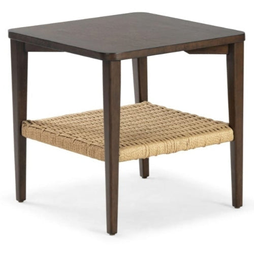 Modern medium-brown wooden nightstand with a square top and tapered legs, featuring a natural tan papercord woven lower shelf for open storage.