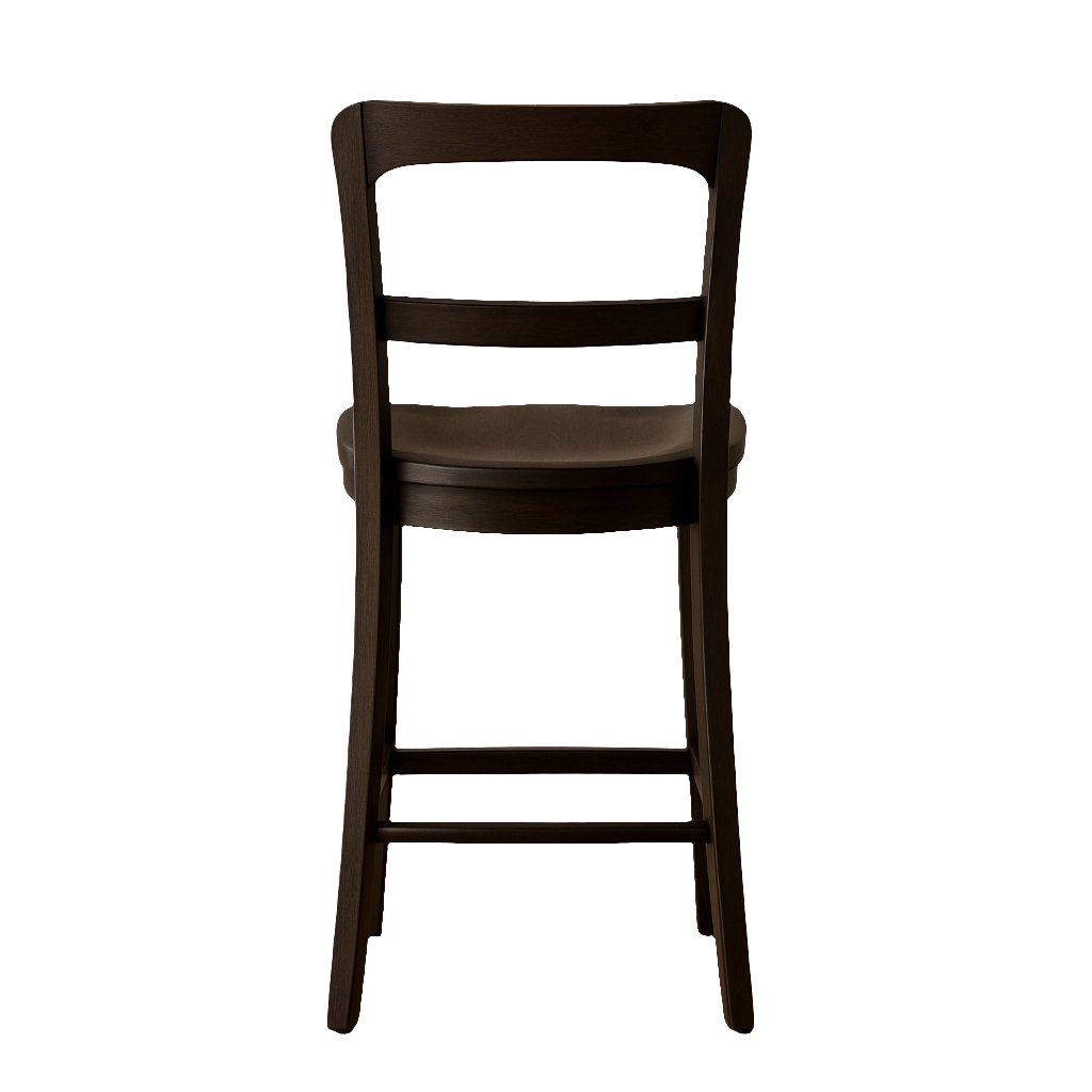 Rear view of a mahogany solid wood bar stool in modern farmhouse style, featuring a full slatted back, contoured seat and tapered legs with a lower footrest.