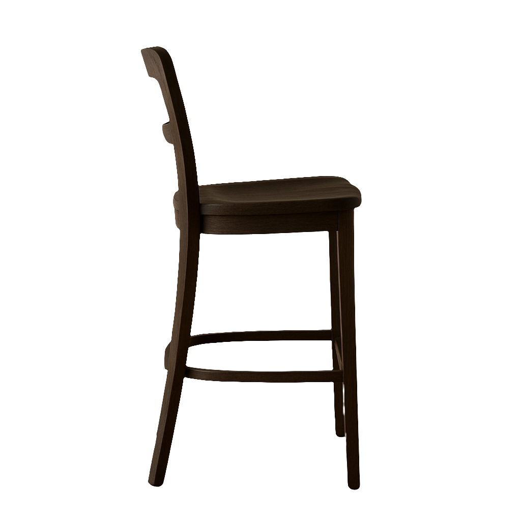 Side view of a mahogany solid wood bar stool with a curved full back, contoured seat and rounded footrest ring in a modern farmhouse style with a dark brown finish.