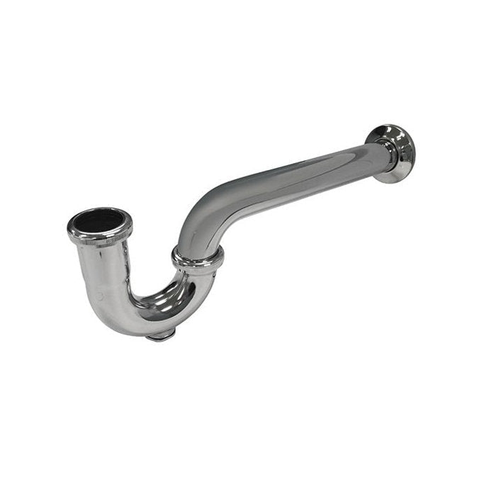 Polished chrome P-trap with long wall tailpiece for a modern bathroom sink, angled design and reflective finish shown on a white background.