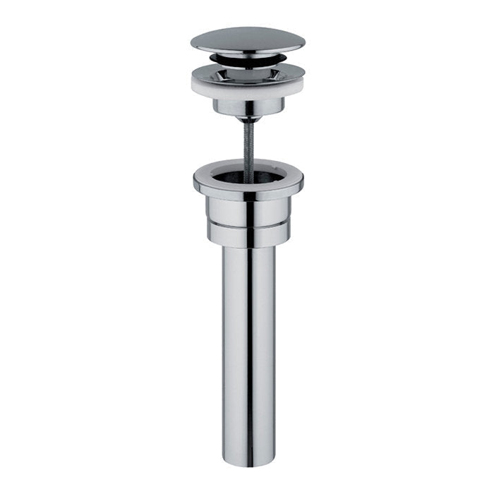 Modern chrome pop-up sink drain assembly with round cap, rubber gasket, threaded rod, and straight tailpiece for a single-sink vanity.