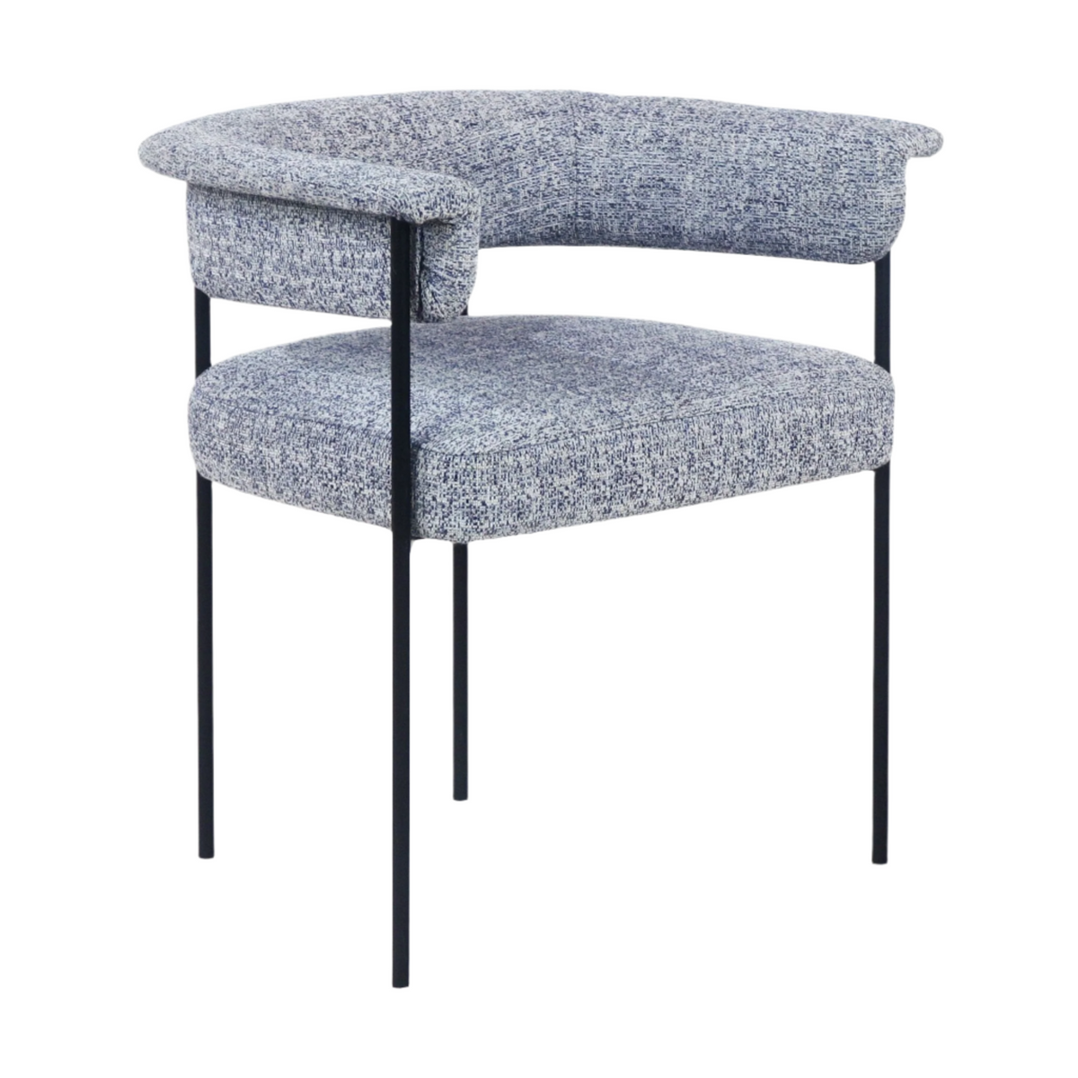 Modern gray bouclé upholstered dining chair with a curved low back and integrated short arms, sitting on slender matte black metal legs.