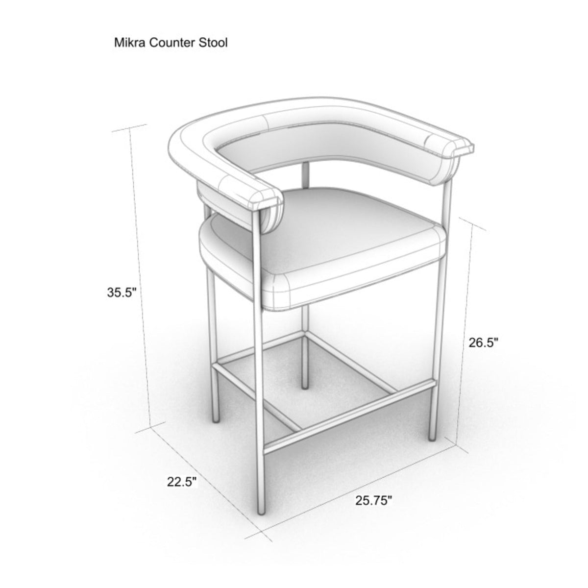 Grayscale technical illustration of a modern upholstered counter stool with a curved low back, padded seat and slim metal legs with footrest, labeled with dimensions (22.5 in depth, 25.75 in width, 35.5 in overall height, 26.5 in seat height).