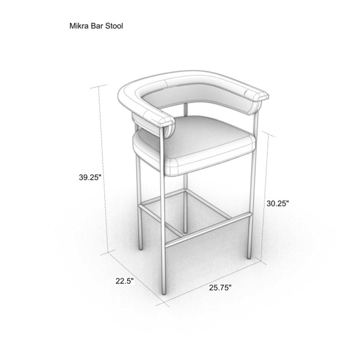Technical line-drawing of an upholstered bar stool with curved low back, padded fabric seat and metal legs; dimension lines show overall height 39.25", seat height 30.25", depth 22.5" and width 25.75".