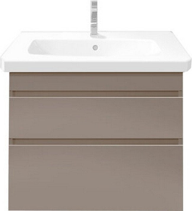 Front view of a modern wall-mounted bathroom vanity in stone-colored solid wood with a white integrated ceramic sink and single center faucet hole, featuring two drawers with slim horizontal grooves.