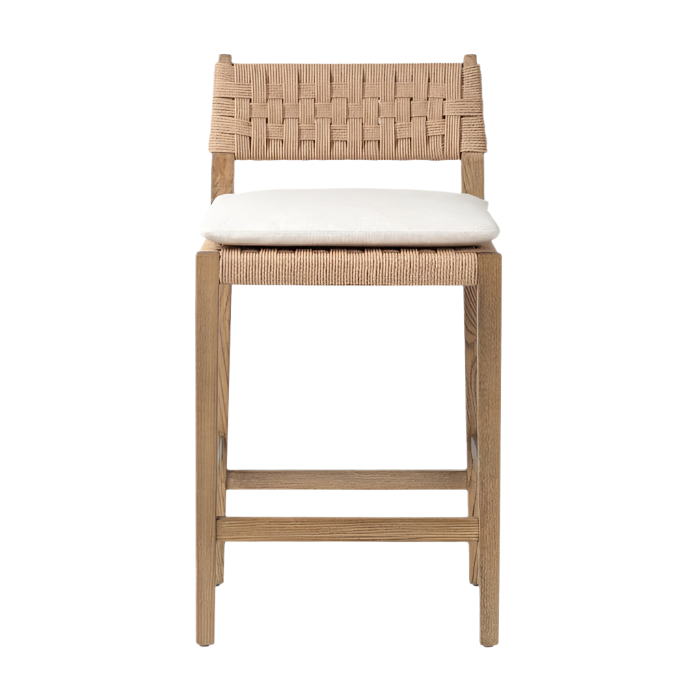 Front view of a modern oak counter stool with woven natural papercord back and seat, a white seat cushion, and straight oak legs with a lower footrest.