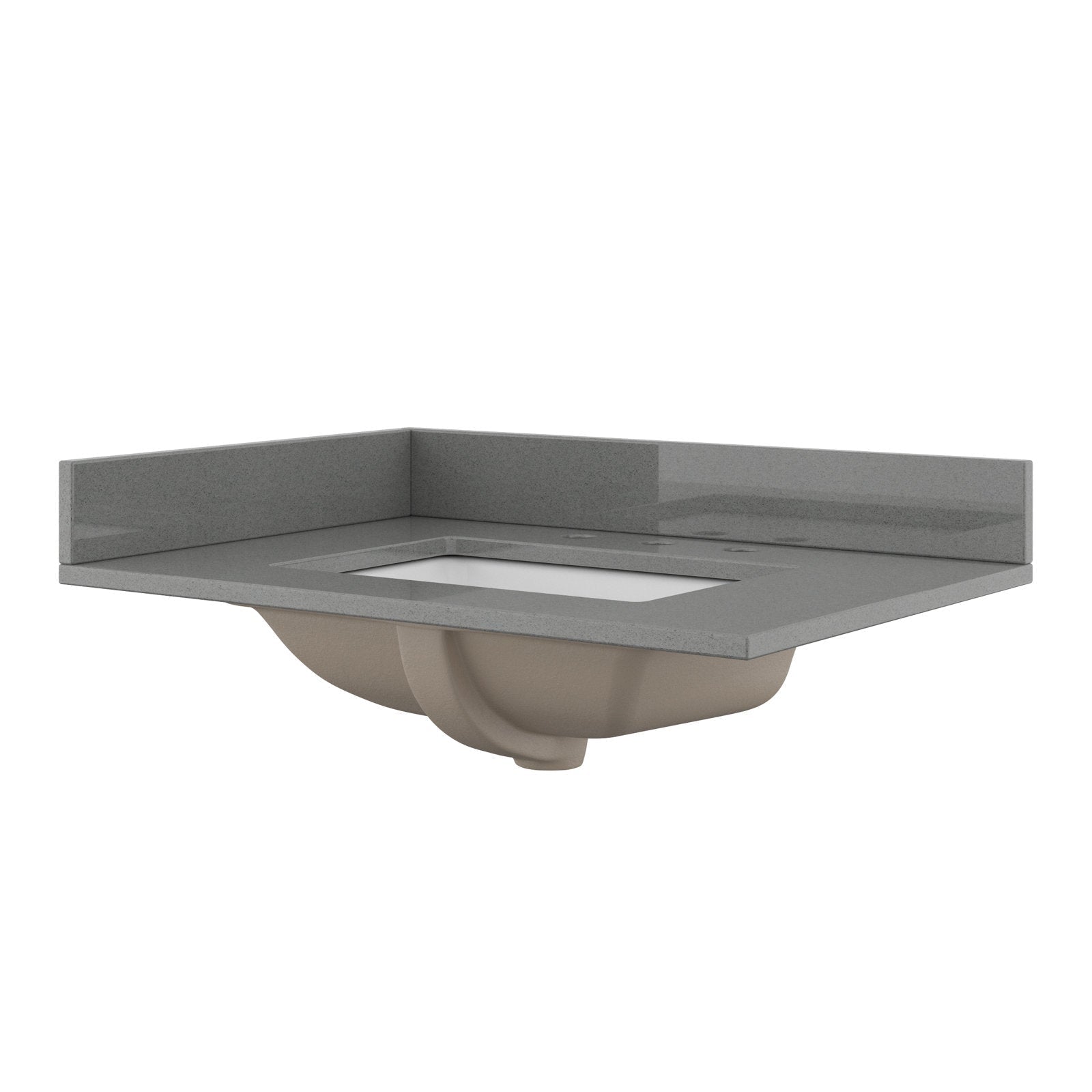 Stone-colored bathroom vanity countertop with low rear backsplash, pre-drilled faucet holes and a rectangular undermount ceramic sink showing the beige underside.