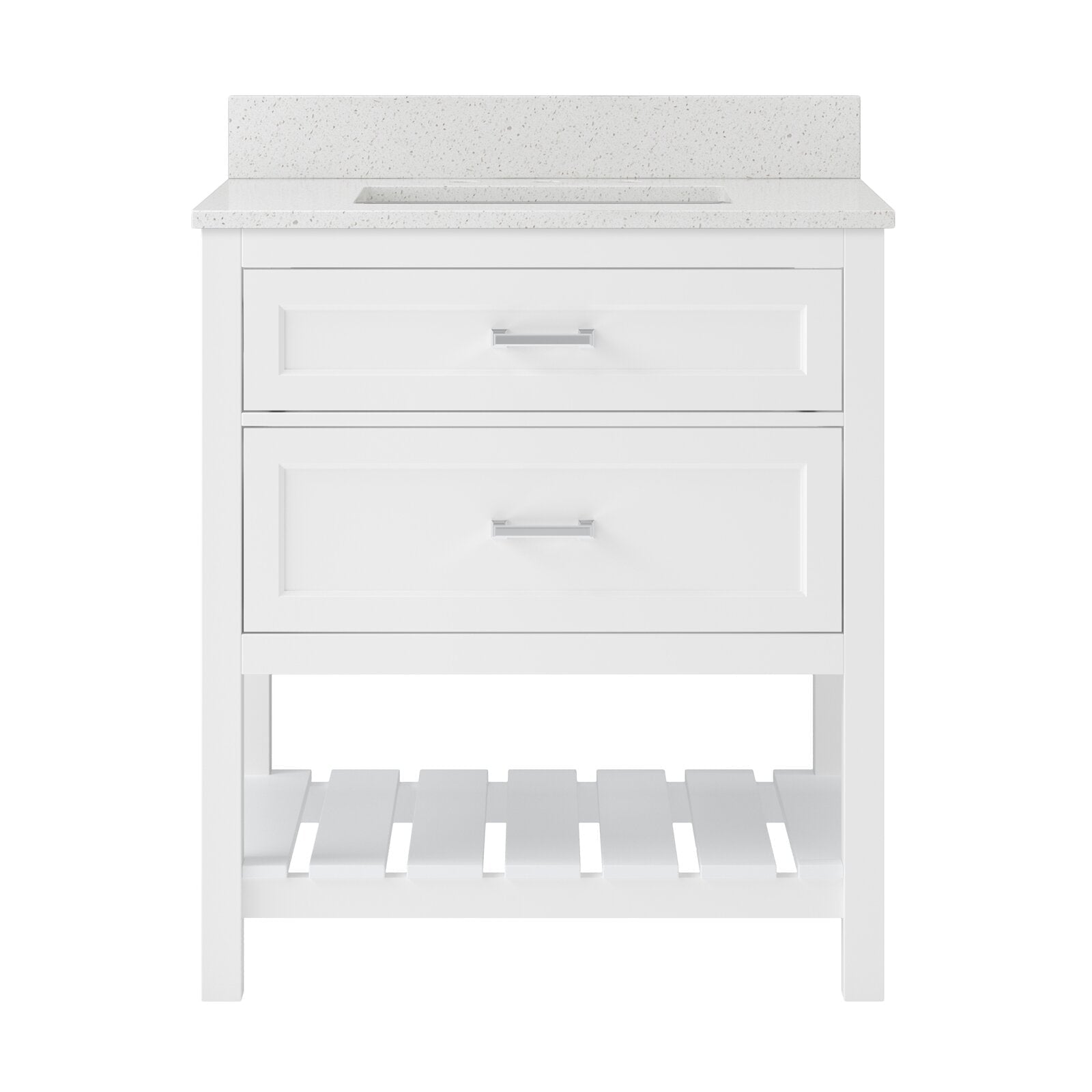 Front view of a modern solid wood freestanding bathroom vanity in white with a speckled stone countertop, integrated rectangular single sink, two drawers with metal handles and a slatted open lower shelf.