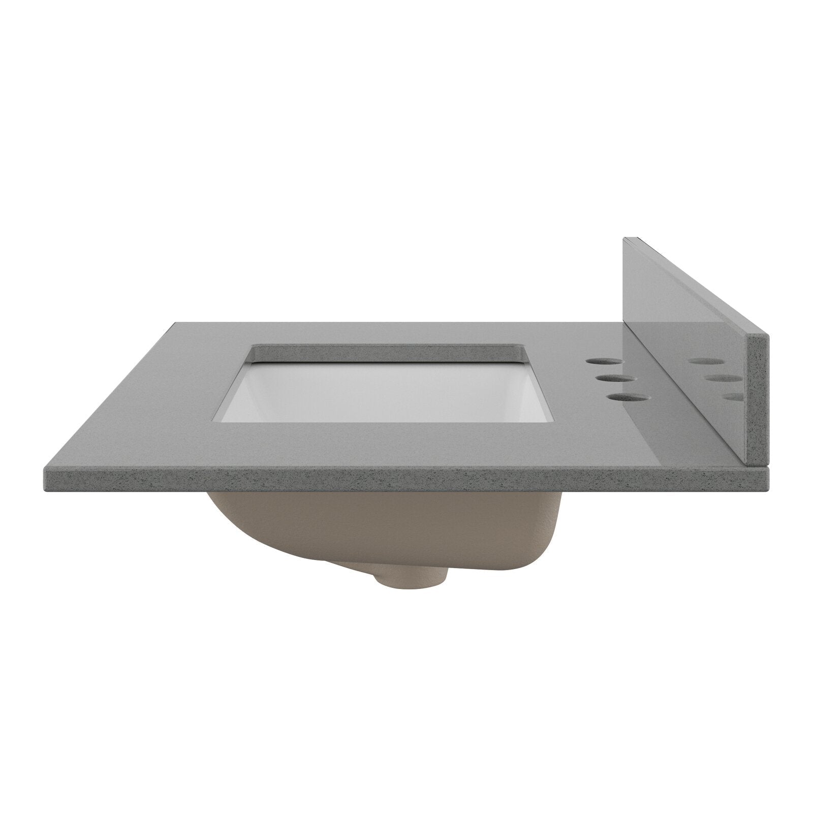 Stone-colored vanity top with a recessed rectangular white ceramic sink, matching stone backsplash on the right and three predrilled faucet holes; undermount sink basin is visible beneath the counter.