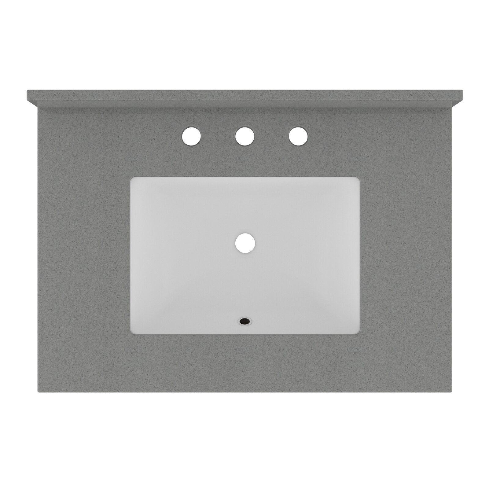 Top-down view of a stone-colored vanity top with a rectangular white ceramic sink, three predrilled faucet holes across the back and a centered drain and overflow.