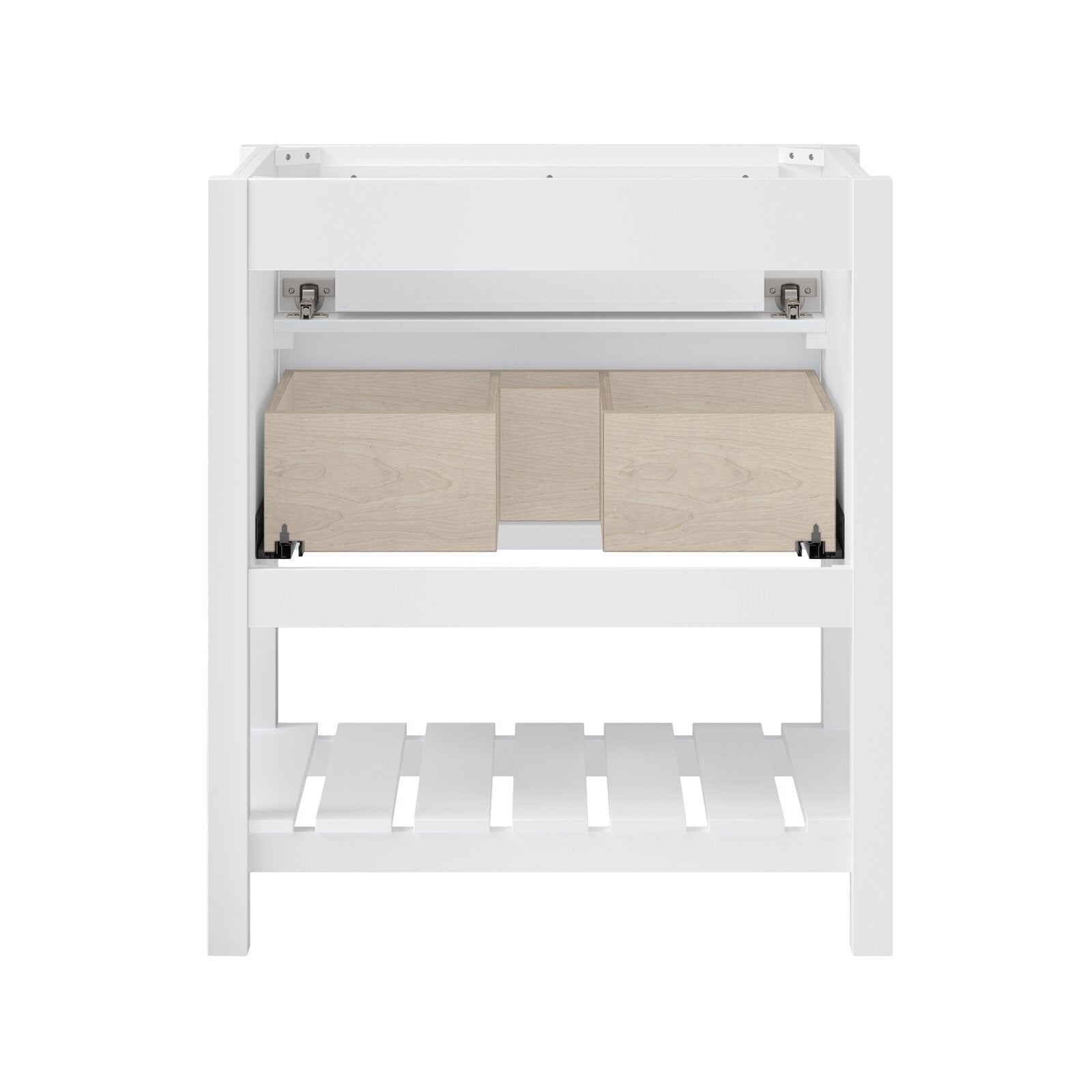 Front view of a modern solid wood single-sink vanity in white showing light wooden inner drawers, visible drawer hardware and a slatted open lower shelf for towel or basket storage.