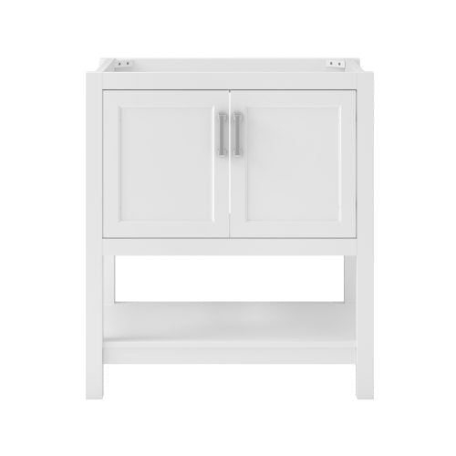 Front view of a 31-inch modern solid wood bathroom vanity base in stone finish with two paneled doors, chrome pulls, and an open lower shelf, shown as a single-sink configuration without countertop or basin.