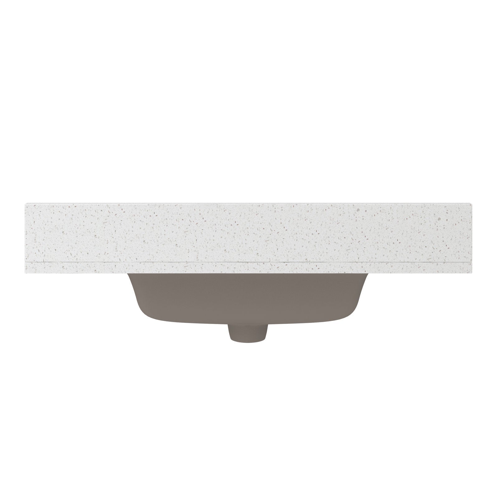 Front view of a speckled stone vanity countertop with a centered undermount ceramic sink in stone color visible beneath, showing the rectangular top edge and curved basin from below.