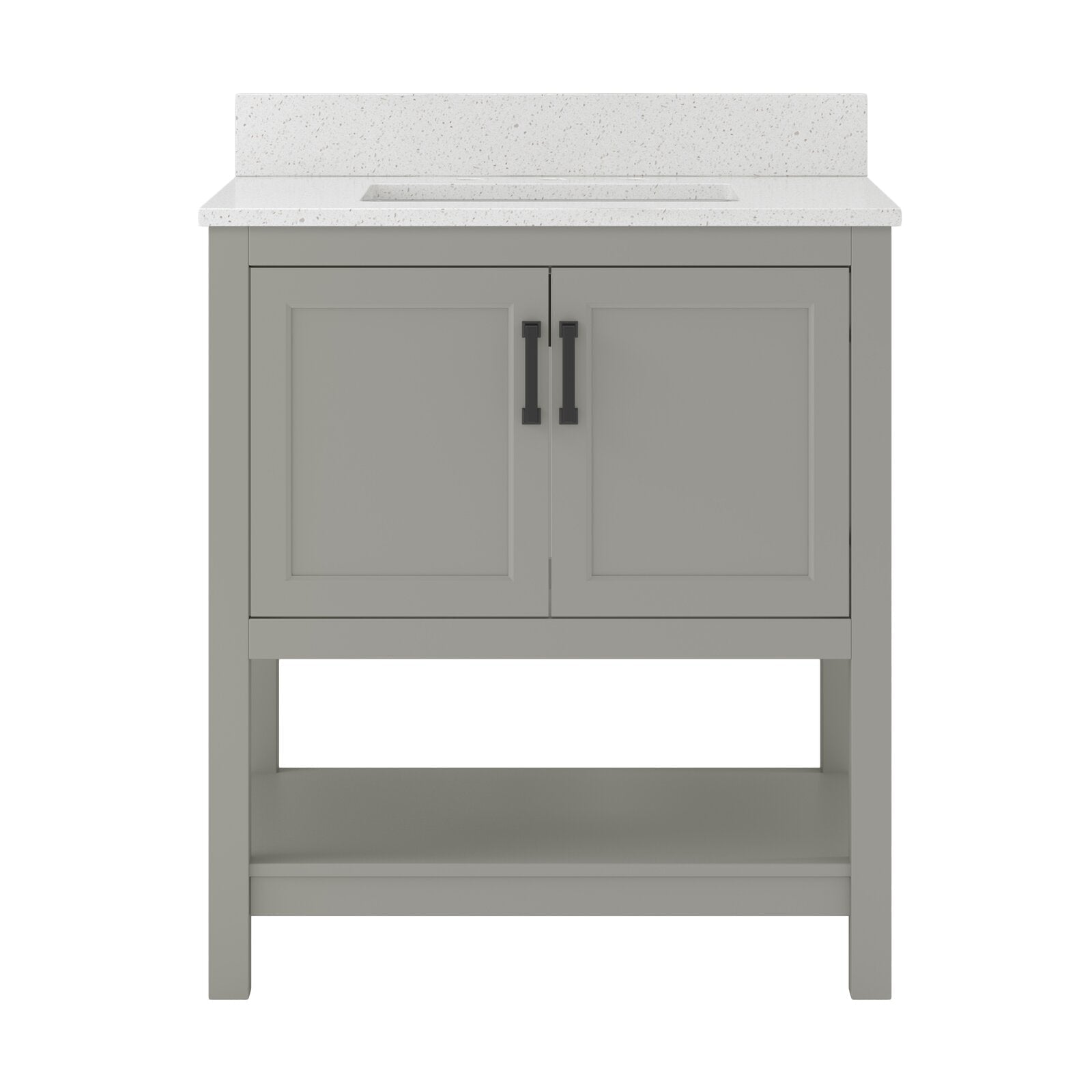 Front view of a modern 31-inch freestanding solid wood bathroom vanity in stone finish, featuring a white speckled stone countertop with integrated rectangular sink, shaker-style double doors, black pulls, and an open lower shelf.