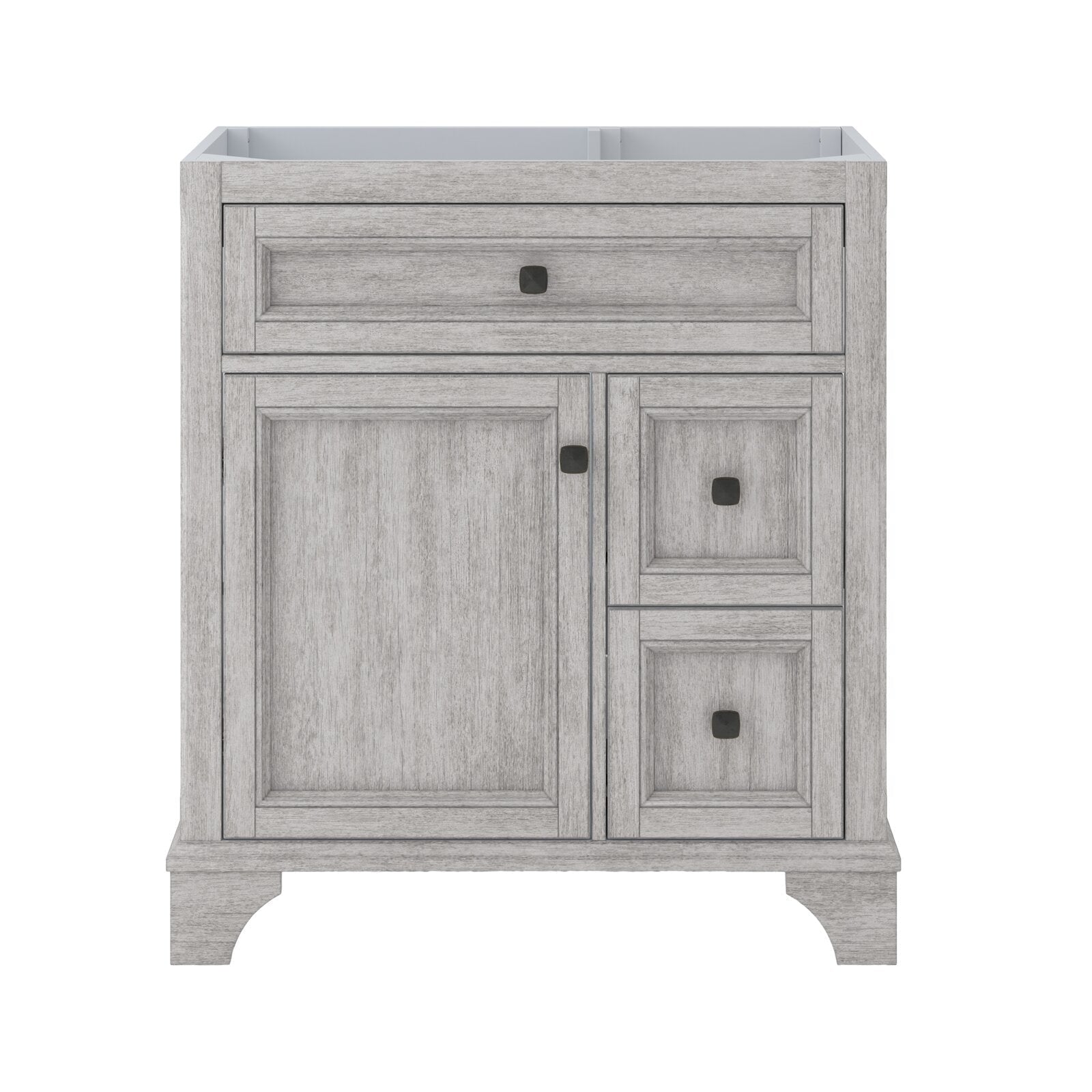 Modern solid wood 31-inch single-sink bathroom vanity base in light gray weathered finish, freestanding with one large left cabinet door, two stacked right drawers, a shallow top drawer and black square hardware, open top.