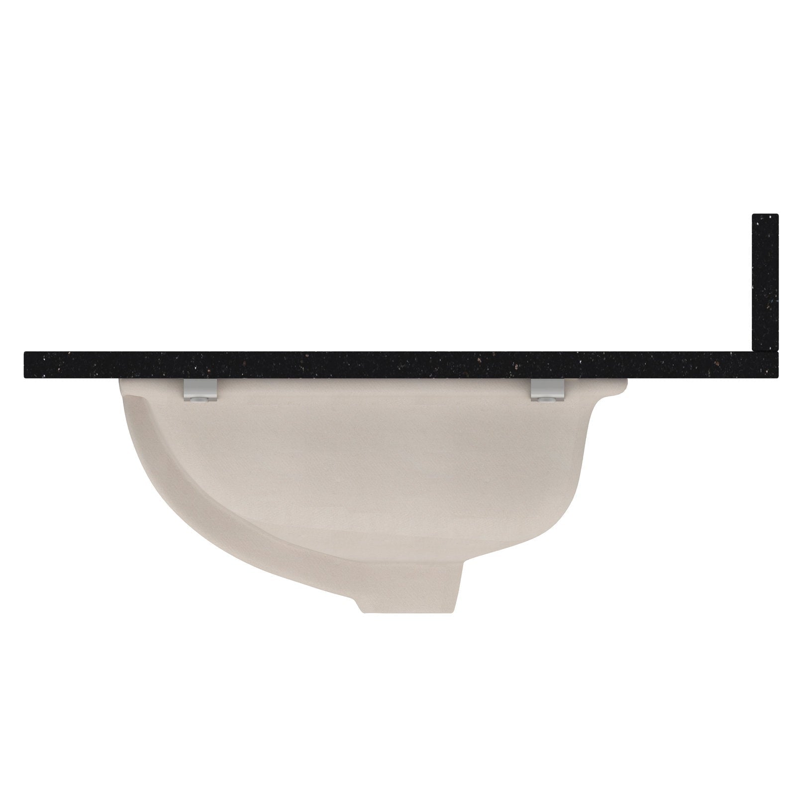 Underside view of a black quartz vanity top with short backsplash and an undermount beige ceramic sink secured by metal mounting clips against a white background.