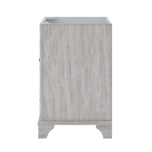 Side view of a modern solid wood freestanding bathroom vanity in a light gray wood finish, showing the open top cavity and decorative arched base feet.