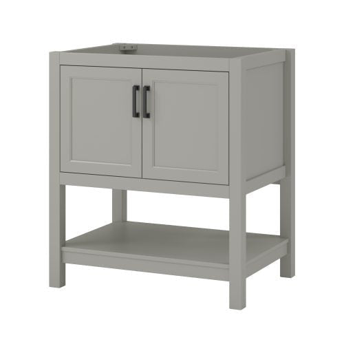 Solid wood 31-inch single-sink bathroom vanity in light gray with a recessed quartz top area, shaker-style double doors, matte black handles and an open lower shelf in a modern freestanding design.